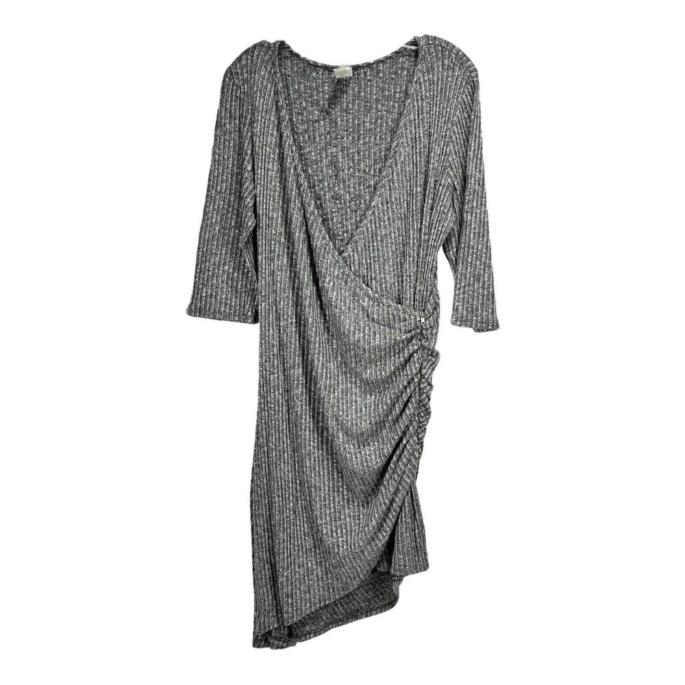 Freshmint USA Womens Wrap Dress Size XL Knee Gray V-Neck Knit 3/4 Sleeve Zipper